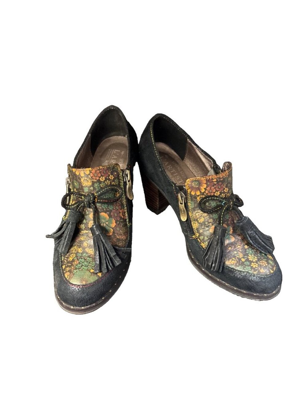 Spring Step L Artiste Studalena Floral Leather Ankle Heel Boots Tassel Sz 7.5-8